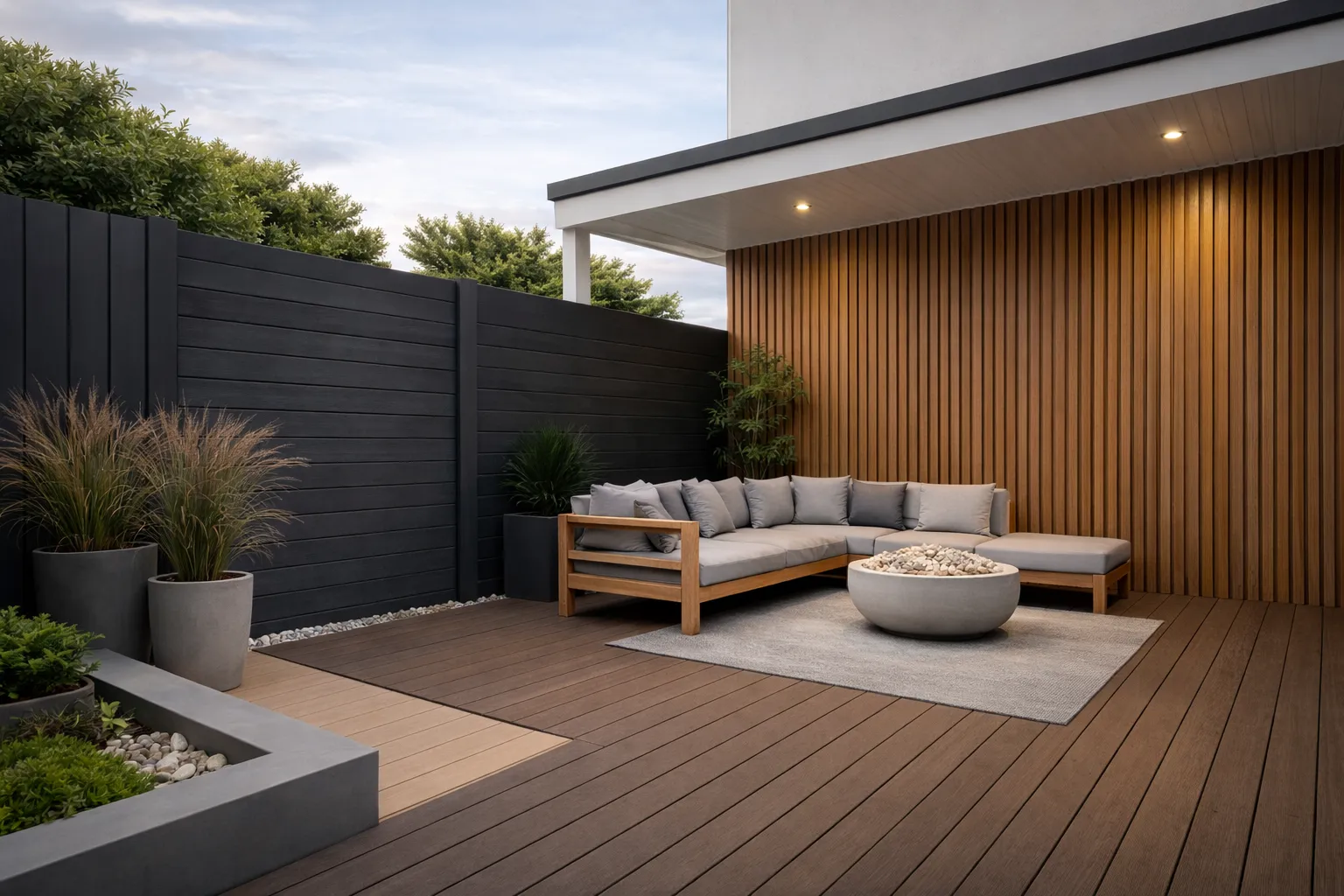 Modern outdoor living space featuring charcoal grey WPC fencing, vertical composite wall cladding, and warm-toned composite decking with lounge seating.