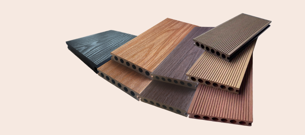 WPC composite decking boards plank with wood-grain surface and hollow core structure