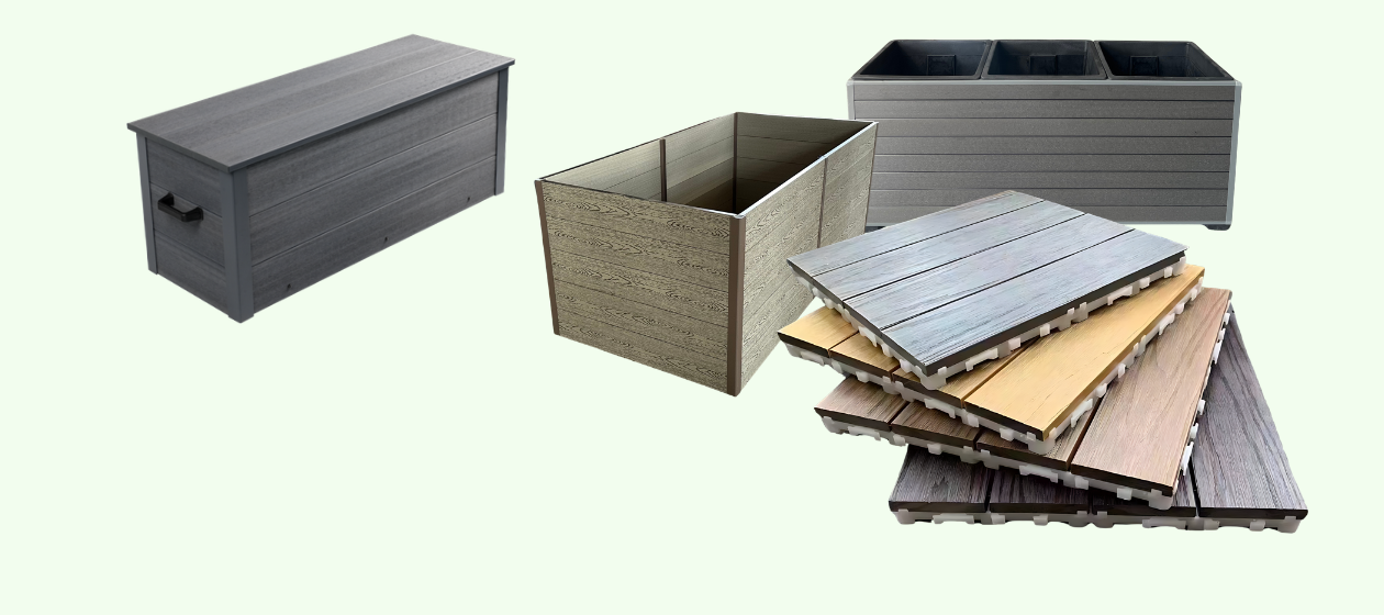 WPC composite accessory products including decking tiles and outdoor storage solutions