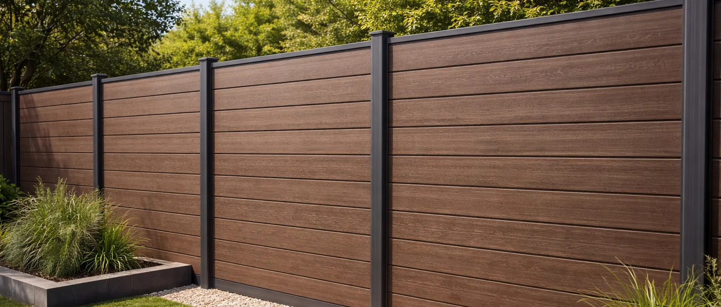 modern wood plastic composite fencing with horizontal wood-look panels and black aluminium frame