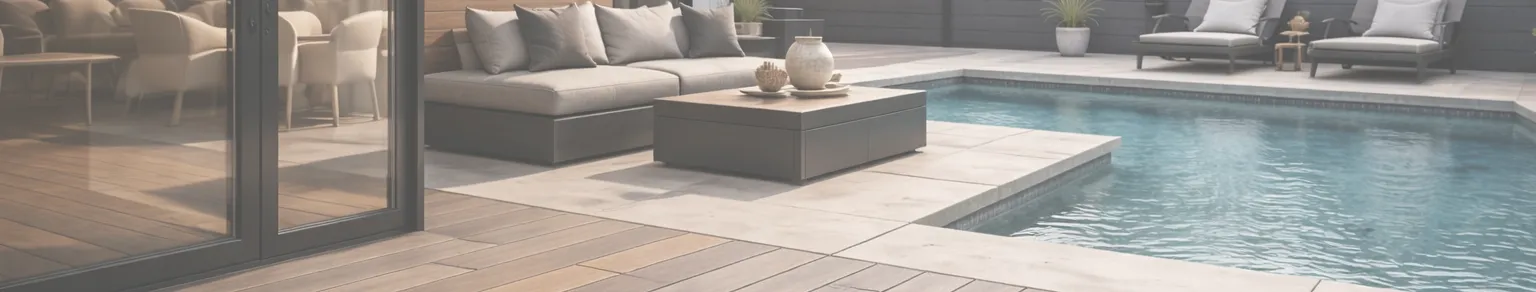 Modern WPC decking and cladding exterior with glass doors and pool