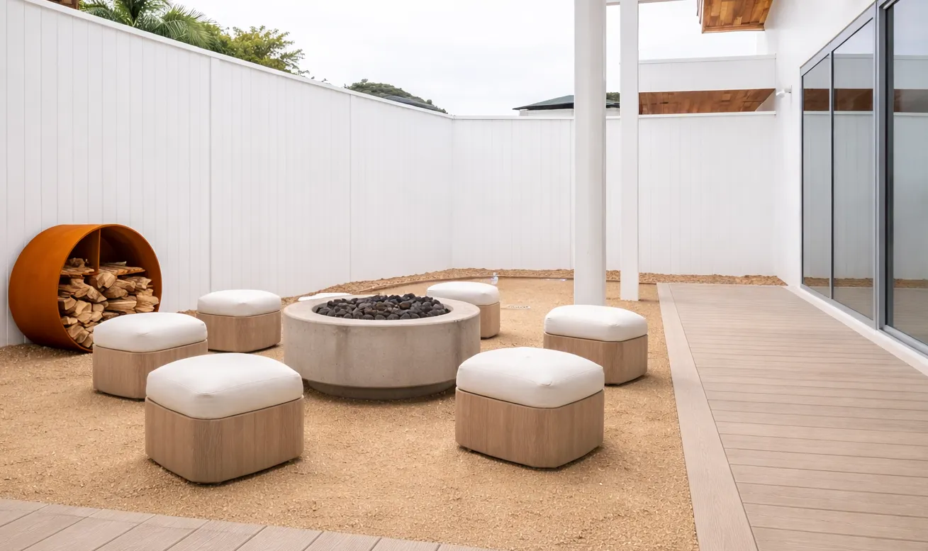 Minimalist outdoor courtyard with light beige WPC composite decking and fire pit seating area